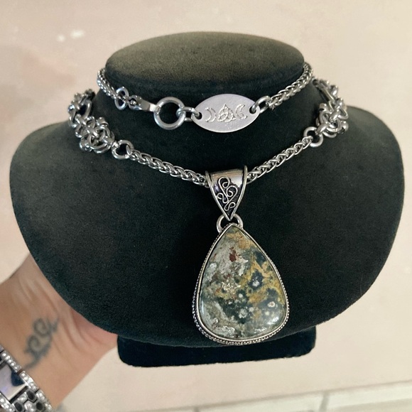 925 sterling overlay ocean moss agate jasper stone charm chain boho necklace - Picture 16 of 16